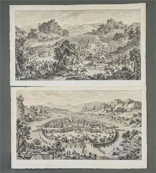 after Giuseppe Castiglione and Jean Damascène Two plates (7 and 11) from the suite recounting the conquests of the Chinese emperor Kien-Long Copper engravings - Giuseppe Castiglione