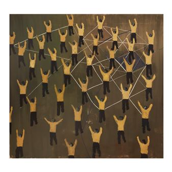 A geometric composition of identical figures connected by white lines against a dark background.