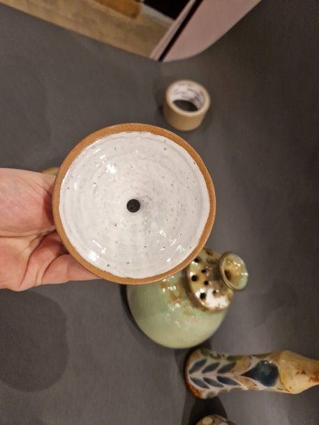 Artwork by Jean-Claude Malarmey, Set of five pieces: Pichet - Boîte - Pique-fleurs - Vase - Coupe Vallauris, Made of clay