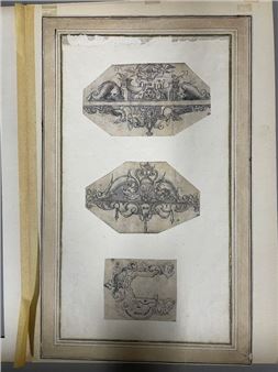 Three sheets of studies of decorative motifs (dolphins and mascarons - German School, 19th Century