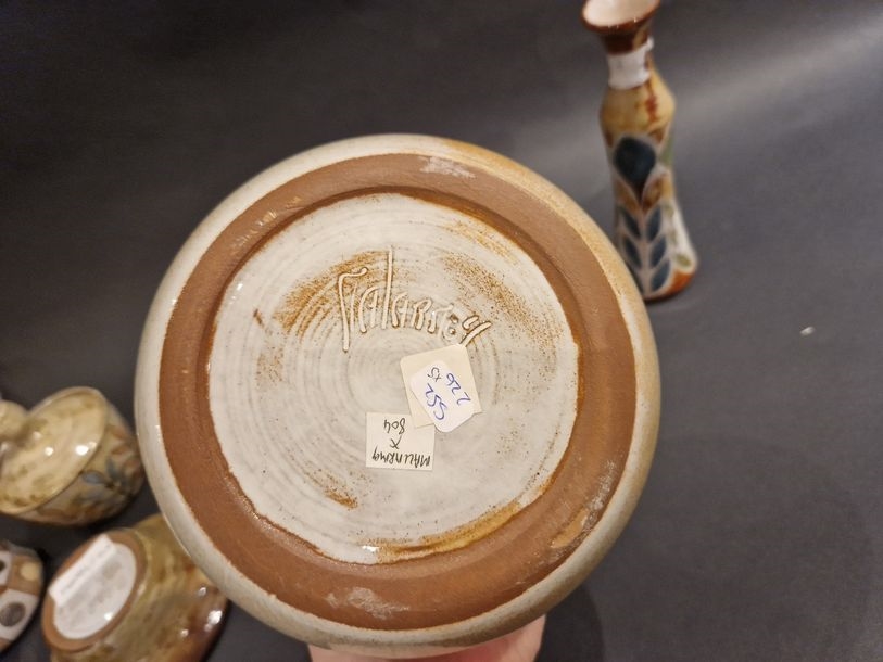 Artwork by Jean-Claude Malarmey, Set of five pieces: Pichet - Boîte - Pique-fleurs - Vase - Coupe Vallauris, Made of clay