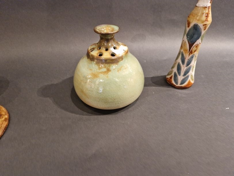 Artwork by Jean-Claude Malarmey, Set of five pieces: Pichet - Boîte - Pique-fleurs - Vase - Coupe Vallauris, Made of clay