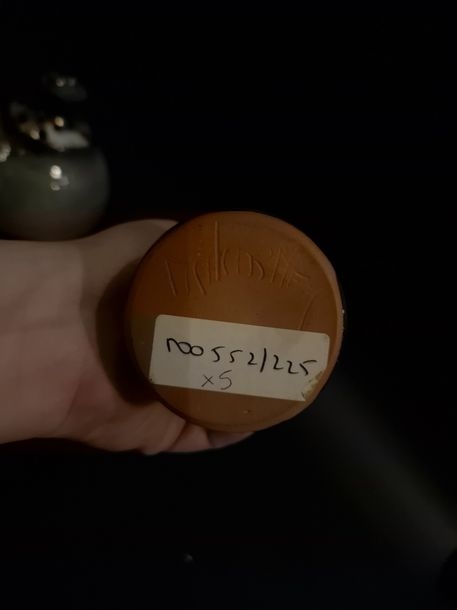 Artwork by Jean-Claude Malarmey, Set of five pieces: Pichet - Boîte - Pique-fleurs - Vase - Coupe Vallauris, Made of clay