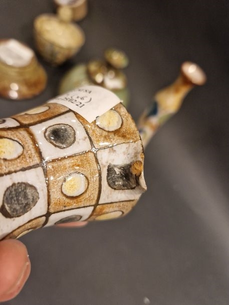 Artwork by Jean-Claude Malarmey, Set of five pieces: Pichet - Boîte - Pique-fleurs - Vase - Coupe Vallauris, Made of clay