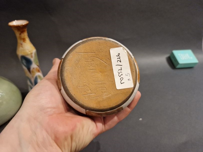 Artwork by Jean-Claude Malarmey, Set of five pieces: Pichet - Boîte - Pique-fleurs - Vase - Coupe Vallauris, Made of clay