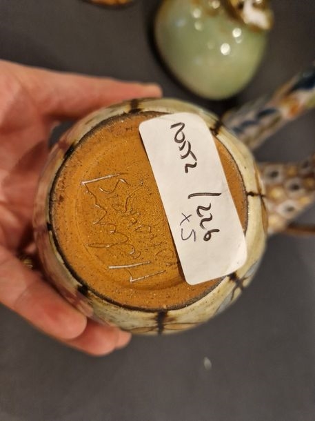 Artwork by Jean-Claude Malarmey, Set of five pieces: Pichet - Boîte - Pique-fleurs - Vase - Coupe Vallauris, Made of clay