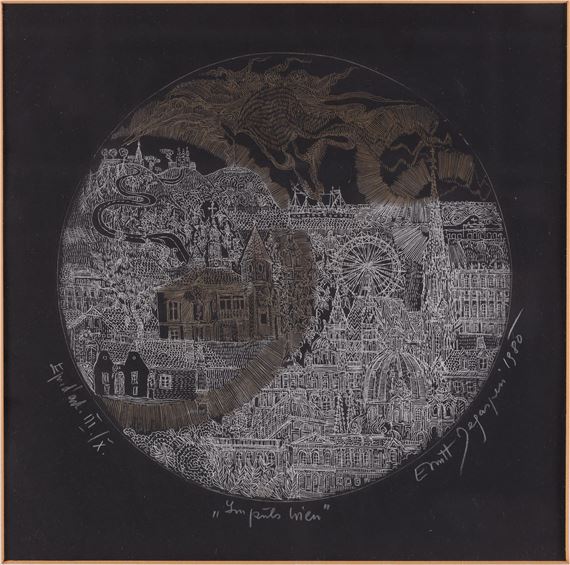 (Meran 1927-2011 Wien, Studium a. d. Akademie f. angewandte Kunst Wien, Präsident d. Künstlergruppe "Die Spirale") Impuls Wien, handsigniert, datiert Ernst Degasperi 1980, Radierung, Nr. III von X nummerierten Expemplaren, Bildausschnitt 26,5 x 26,5 cm, Passepartout, verglast - Ernst Degasperi