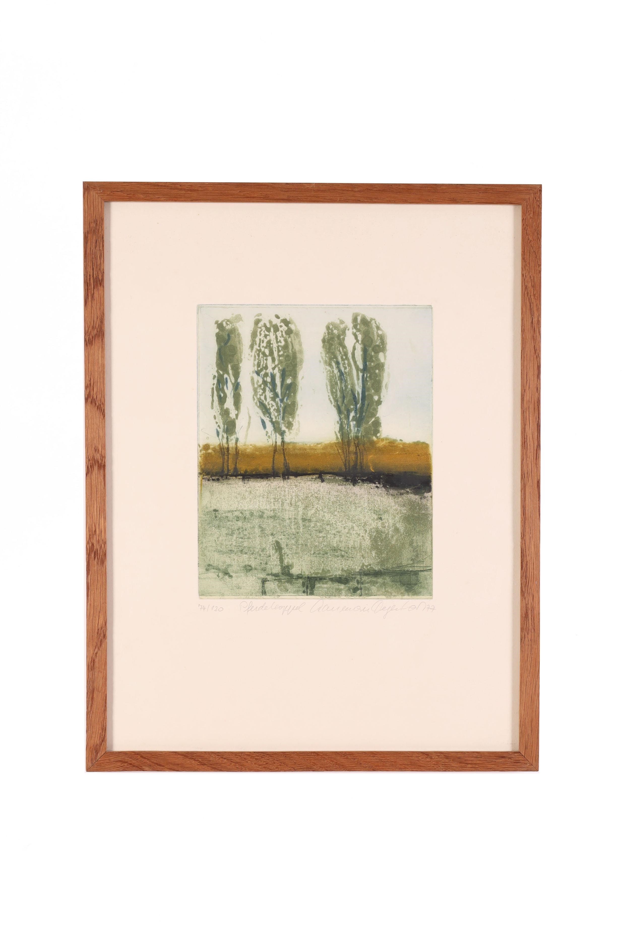 Artwork by Annemarie Degenhart, (geb. 1935 in Ulm) "Pferdekoppel/Schilfhütte", handsigniert, datiert Annemarie Degenhart 77, 2 Farbradierungen, Nr. 74/69 von je 120 nummerierten Abzügen, Stockgröße je 20,5 x 16,5 cm, verglast, Made of color etchings