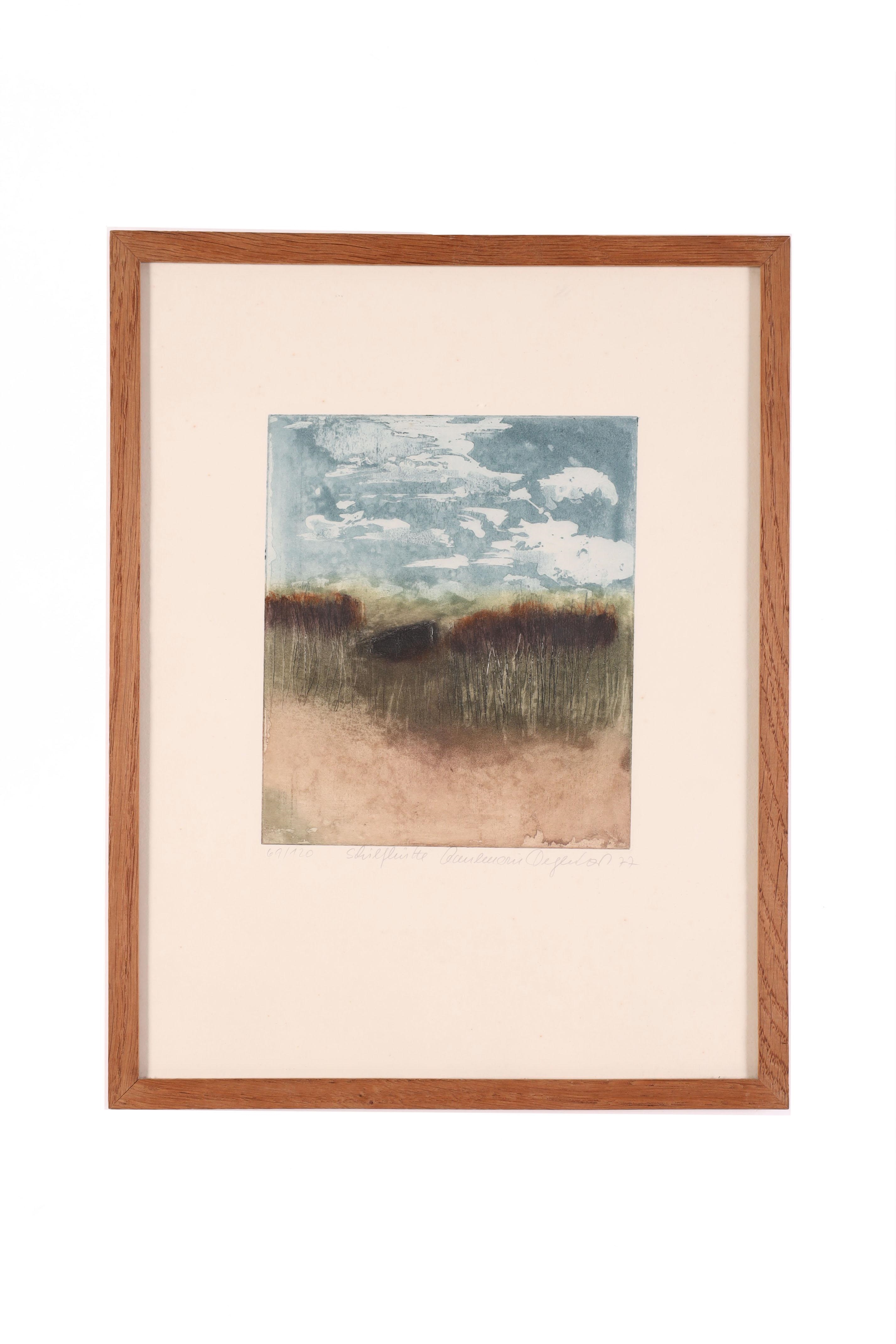 Artwork by Annemarie Degenhart, (geb. 1935 in Ulm) "Pferdekoppel/Schilfhütte", handsigniert, datiert Annemarie Degenhart 77, 2 Farbradierungen, Nr. 74/69 von je 120 nummerierten Abzügen, Stockgröße je 20,5 x 16,5 cm, verglast, Made of color etchings