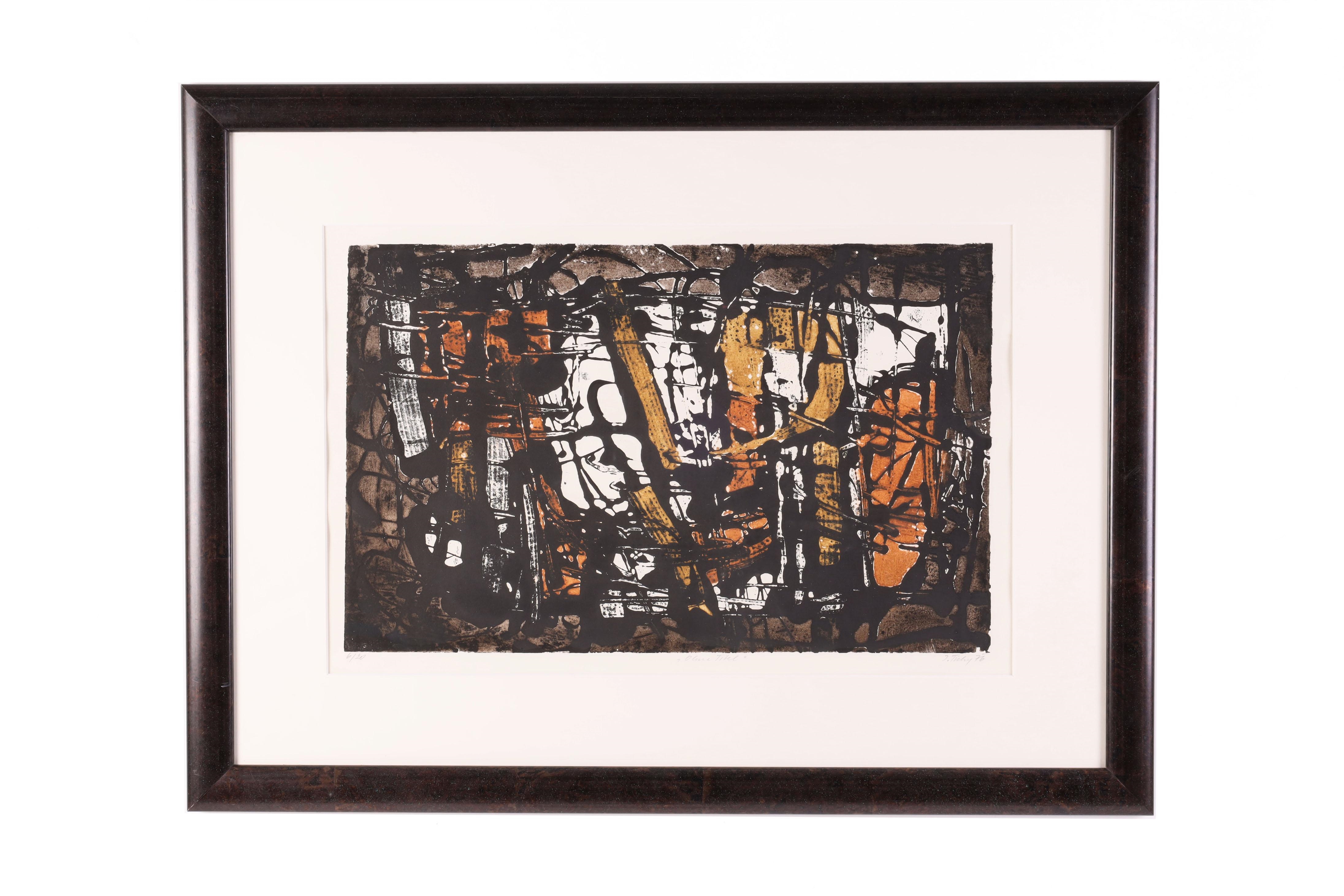 Artwork by Josef Tichy, (Pörtschach 1922-2001, Besuch d. Akademie d. bild. Künste in Wien) Ohne Titel, handsigniert, datiert J. Tichy 76, Radierung in Farbe, Nr. 6 von 20 nummerierten Exemplaren, Stockgröße 31,5 x 49,5 cm, Passepartout, verglast, Made of etching in color on vellum