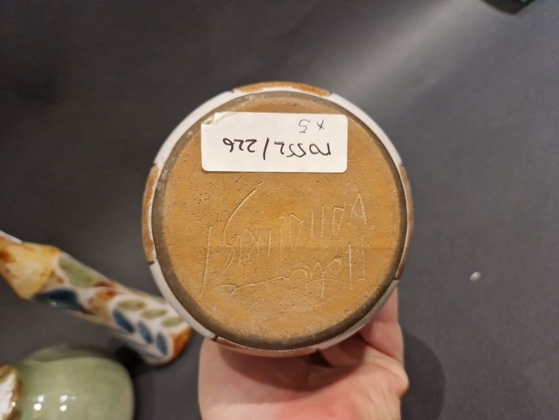 Artwork by Jean-Claude Malarmey, Set of five pieces: Pichet - Boîte - Pique-fleurs - Vase - Coupe Vallauris, Made of clay