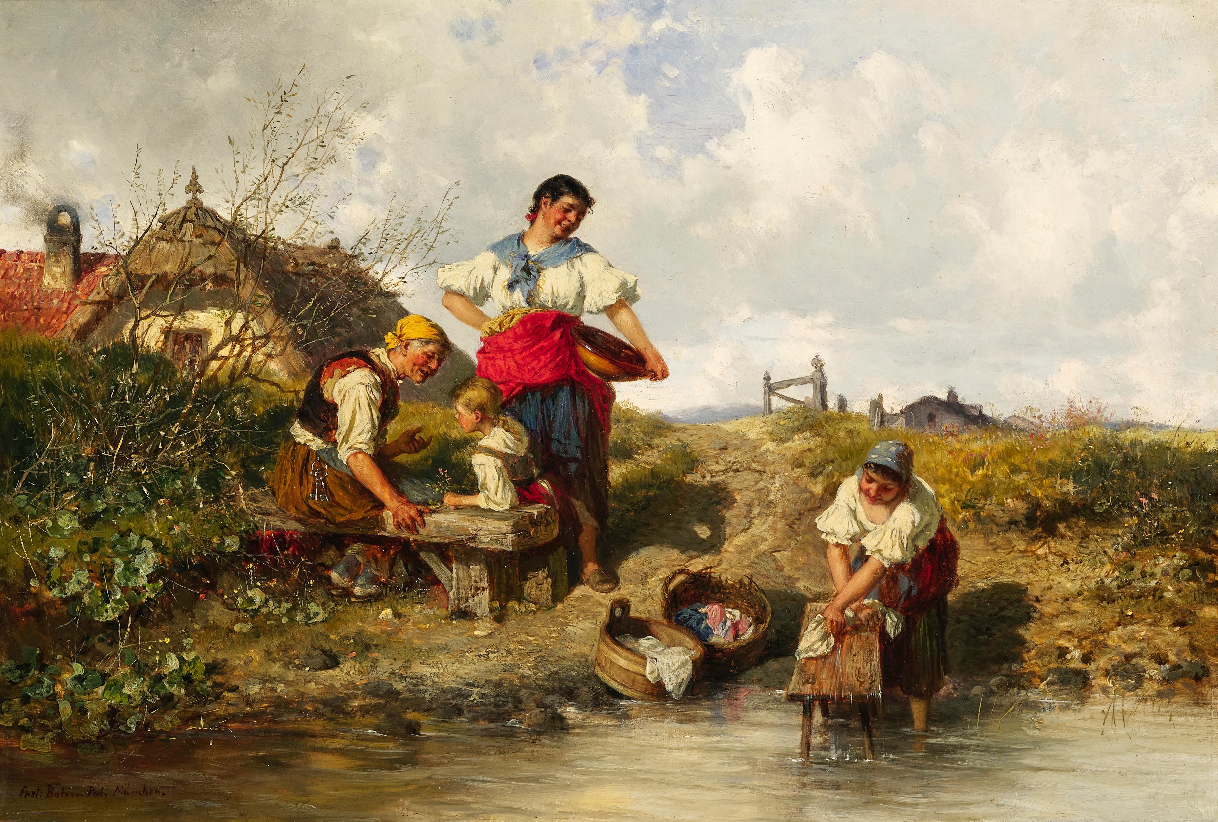 Artwork by Pal Böhm, Familienidylle mit Wäscherinnen am Fluss, Made of oil on wood