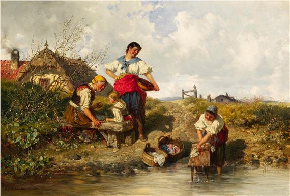 Familienidylle mit Wäscherinnen am Fluss by Pal Böhm