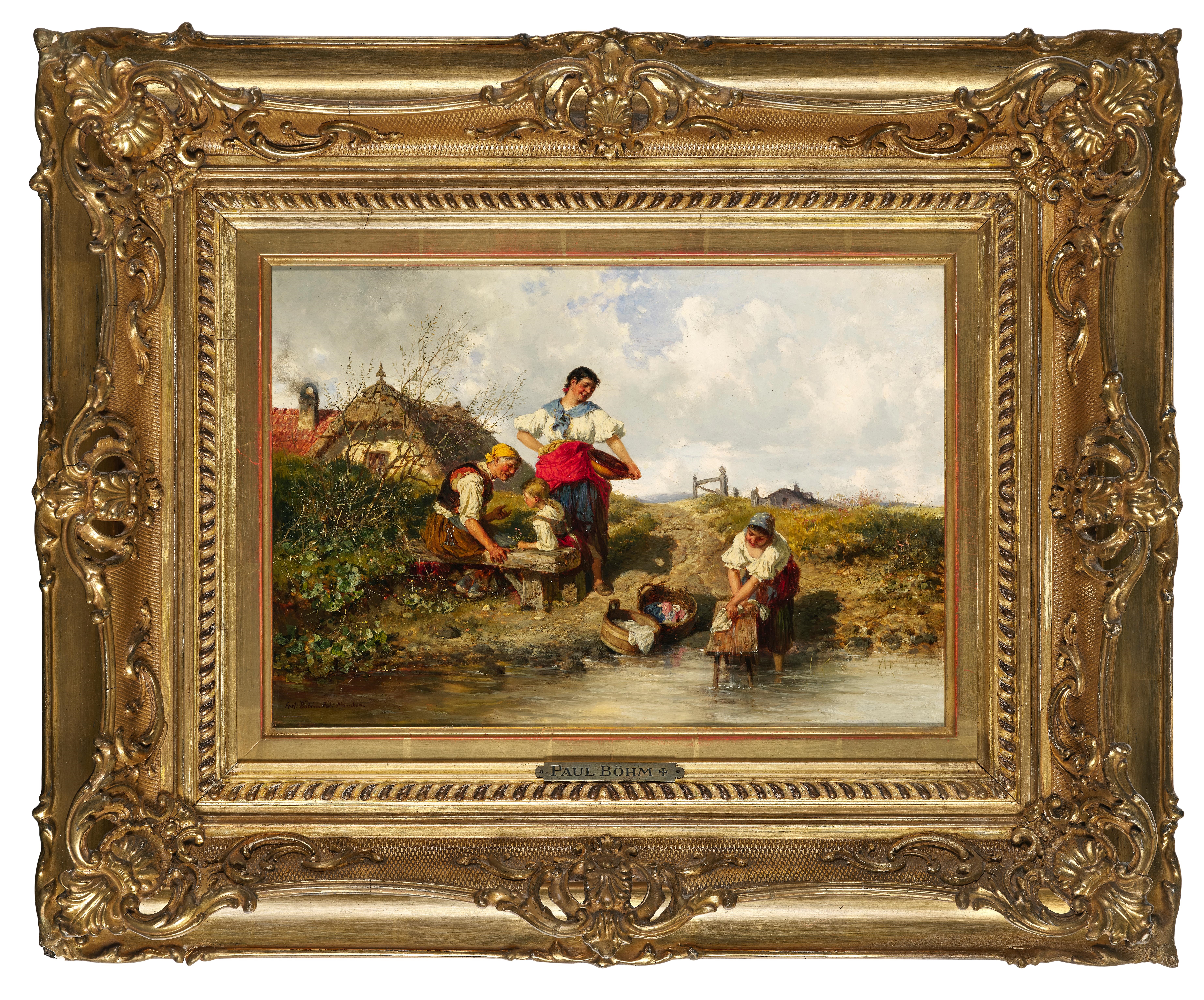 Artwork by Pal Böhm, Familienidylle mit Wäscherinnen am Fluss, Made of oil on wood