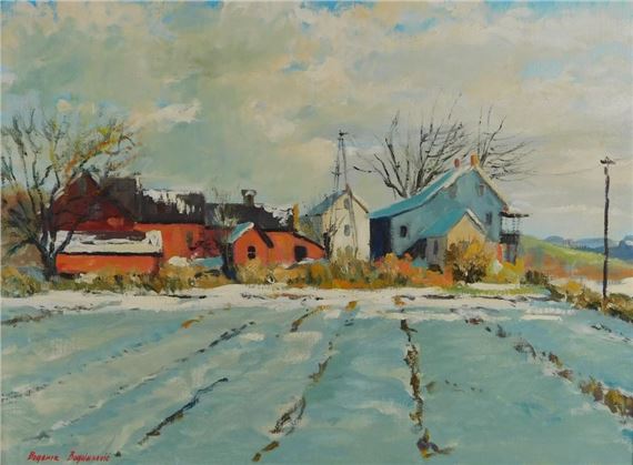 Bogomir Bogdanovic (American/Yugoslavia, 1923-2011), oil on canvas, serene farm landscape in light coating of snow, red barns and a farmhouse beyond snow covered fields, sun illuminates buildings and shadowed fields, ... by Bogomir Bogdanovic