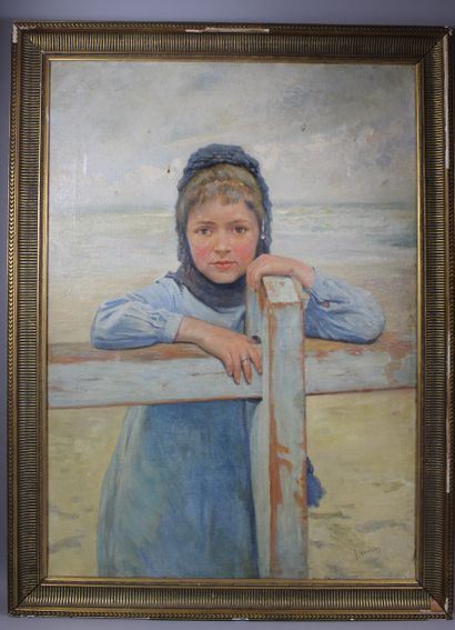 J VERHAES ou Jan VERHAS ? (XXth) "Portrait de fillette accoudée en bord de mer" oil on canvas signed lower right Dim by Jan Verhas