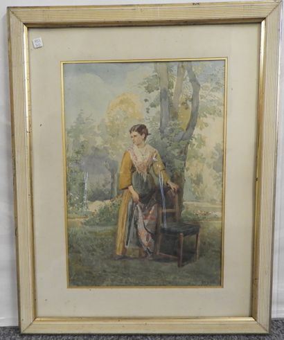 Antonio BIGNOLI (1812-1886) "Portrait de femme au chale" Aquarelle signée, Dim by Antonio Bignoli