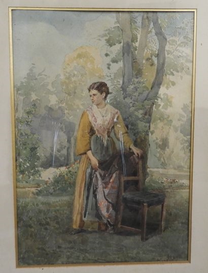 Artwork by Antonio Bignoli, Antonio BIGNOLI (1812-1886) "Portrait de femme au chale" Aquarelle signée, Dim, Made of Aquarelle