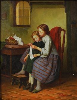 2 sisters knitting - P. Rousseau