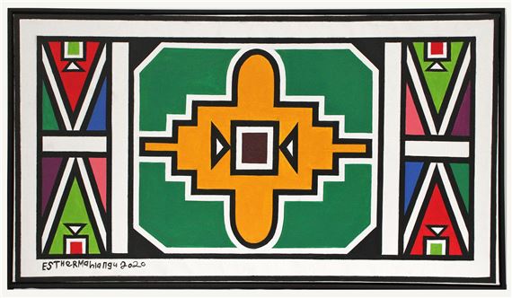 Esther Mahlangu | NDEBELE PATTERN IN YELLOW AND GREEN (2015) | MutualArt
