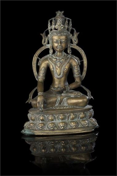Seated Buddha in vajrasana on a double lotiform base by Tibetan School, 14th Century, 14th CENTURY