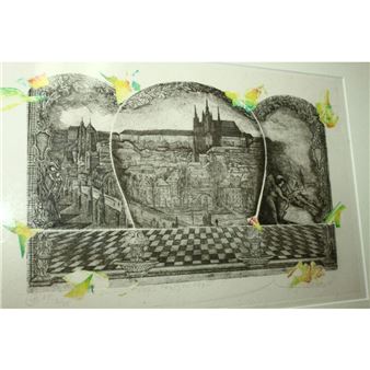 A monochromatic etching of a historic cityscape framed by three arches, resting on a checkered floor with colorful tape accents.