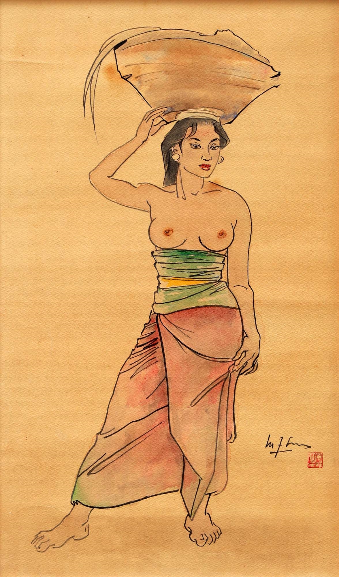 Artwork by Lee Man Fong, Woman with Basket (Wanita dengan Bakul), Made of Watercolour on paper