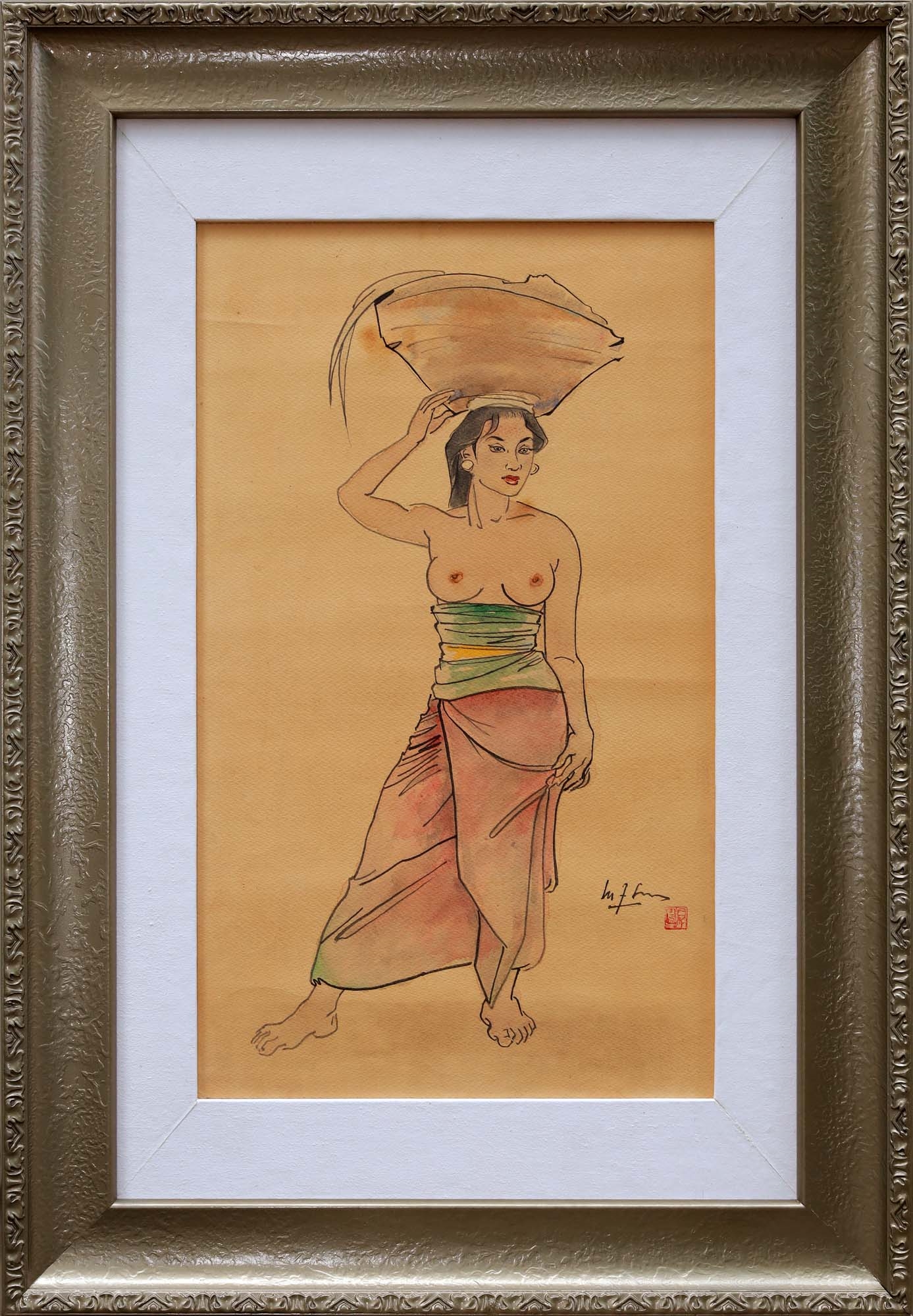 Artwork by Lee Man Fong, Woman with Basket (Wanita dengan Bakul), Made of Watercolour on paper