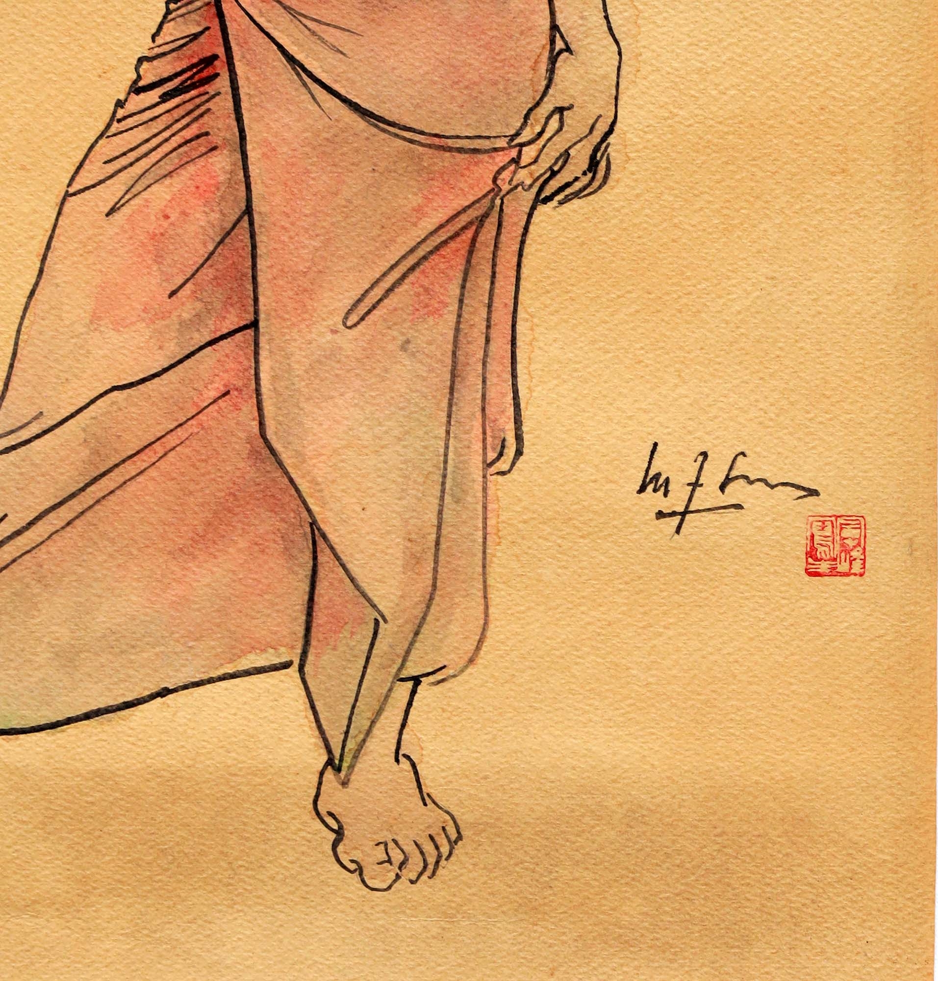 Artwork by Lee Man Fong, Woman with Basket (Wanita dengan Bakul), Made of Watercolour on paper