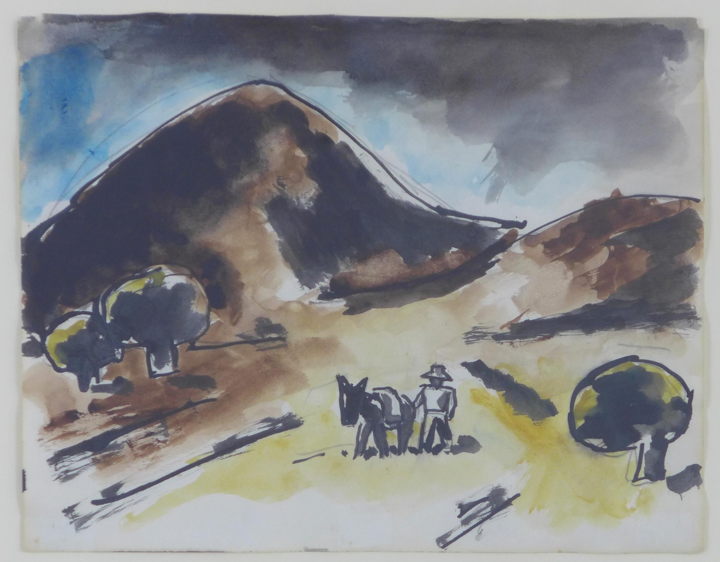 Artwork by Josef Herman, FIGURE AND DONKEY, Made of watercolour