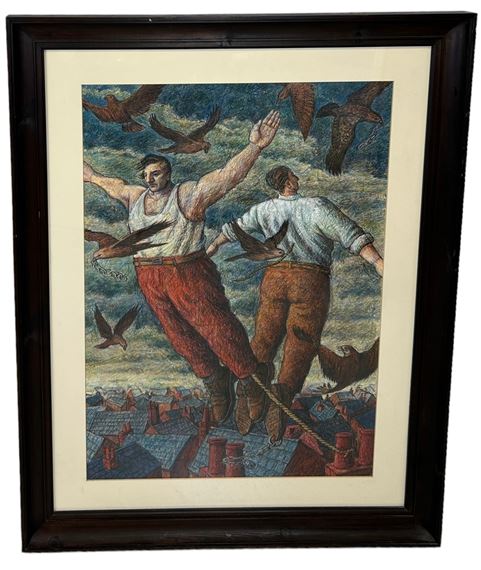 : A PASTEL DRAWING ON PAPER DEPICTING TWO MEN FLYING WITH BIRDS ABOVE ROOFTOPS - Rod Judkins
