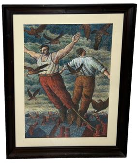 : A PASTEL DRAWING ON PAPER DEPICTING TWO MEN FLYING WITH BIRDS ABOVE ROOFTOPS - Rod Judkins