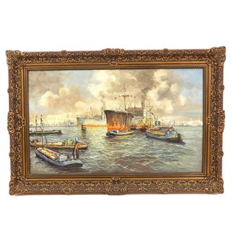 olie op doek, gesgineerd Leon Manders, voorstellende de haven van Rotterdam, 100 x 60 cm - Leon Manders