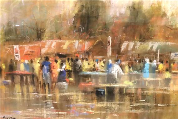 Segun Aiyesan; African market scene in , framed and glazed. x cm. Not available for in-house P&P - Segun Aiyesan