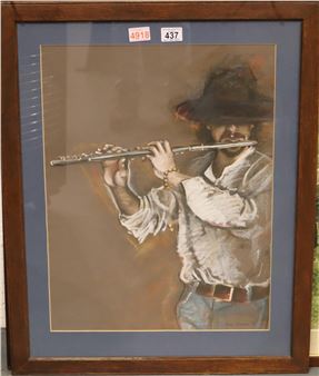 Ann Quinn, framed  of a bearded flautist - Ann Quinn