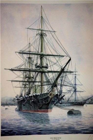 Signed print of HMS Warrior by J E Wigston,  x  cm. Not by J E Wigston