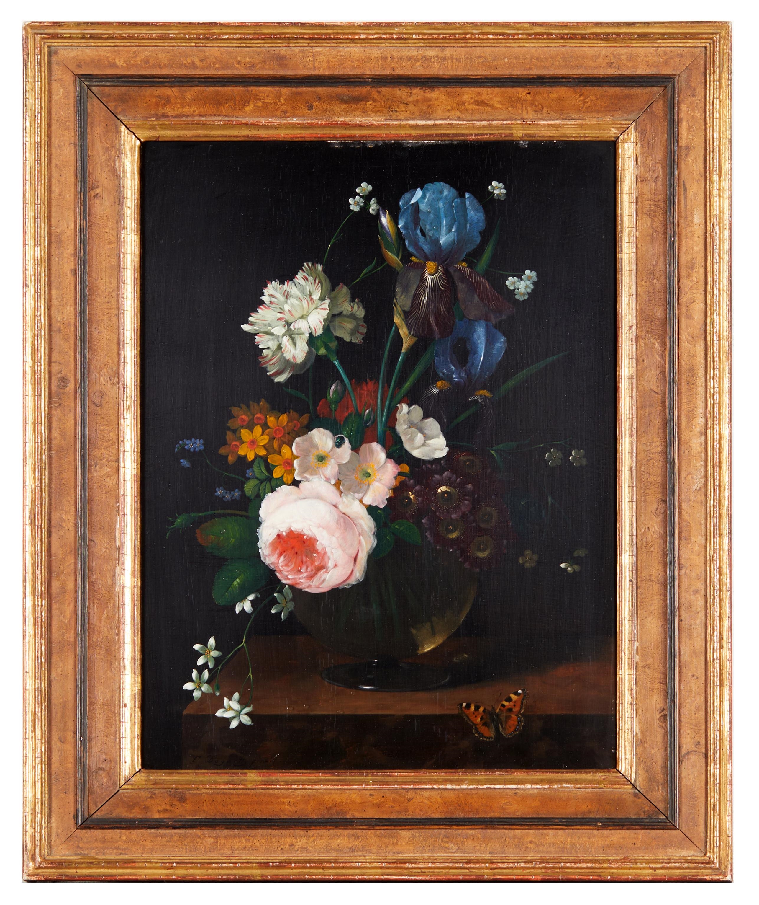 Artwork by Erick Josef Dogarth, (Wien 1927-2008) Blumenstück mit Kleiner Fuchs (Schmetterling), Made of oil on wood