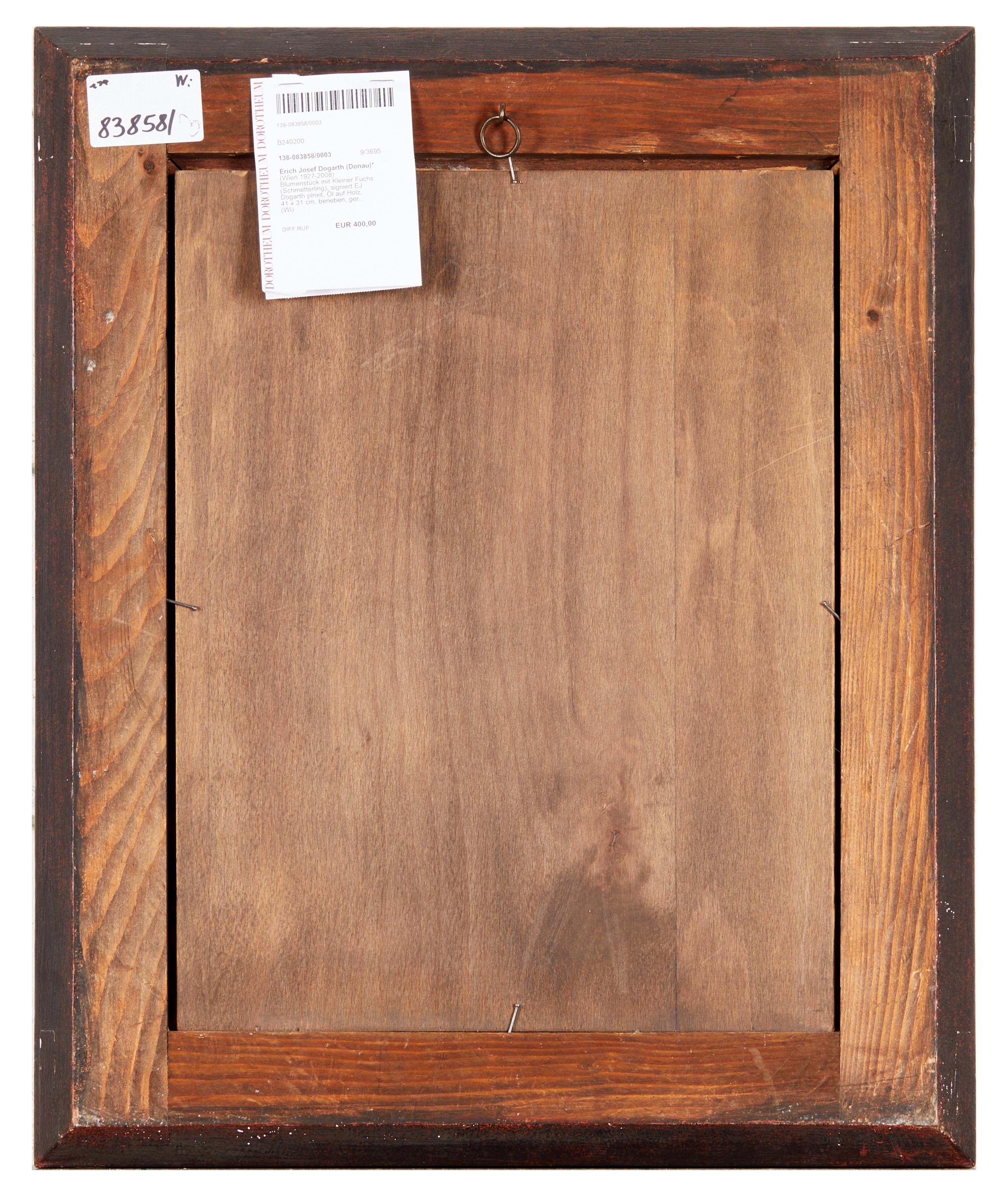 Artwork by Erick Josef Dogarth, (Wien 1927-2008) Blumenstück mit Kleiner Fuchs (Schmetterling), Made of oil on wood