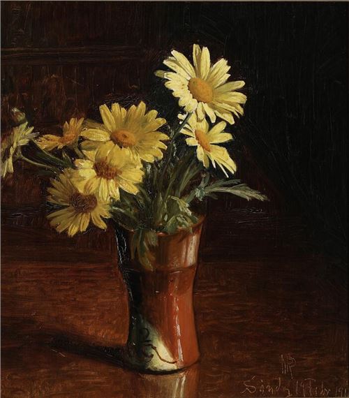 Still life with a bouquet of daisies in a vase by Niels Peter Rasmussen, Febr. 1911