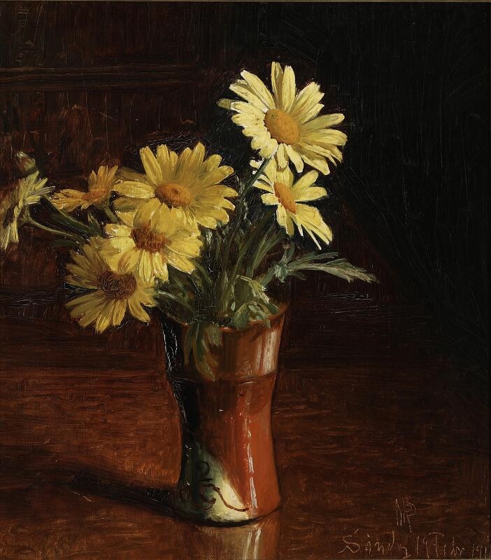 Artwork by Niels Peter Rasmussen, Still life with a bouquet of daisies in a vase, Made of Oil on cardboard