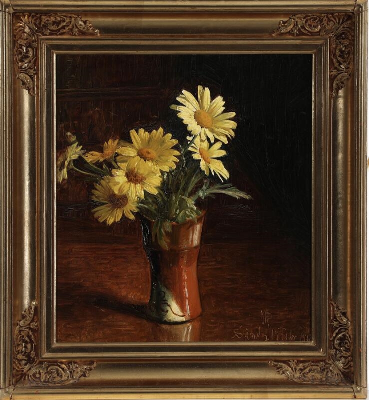 Artwork by Niels Peter Rasmussen, Still life with a bouquet of daisies in a vase, Made of Oil on cardboard
