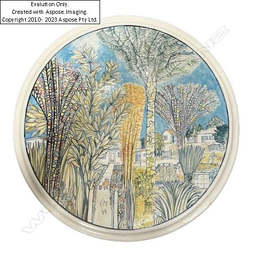 Artwork by Roy Cowan, LGE ART POTTERY PLATTER HEKE STREET NGAIO Dia.540mm, Made of stoneware