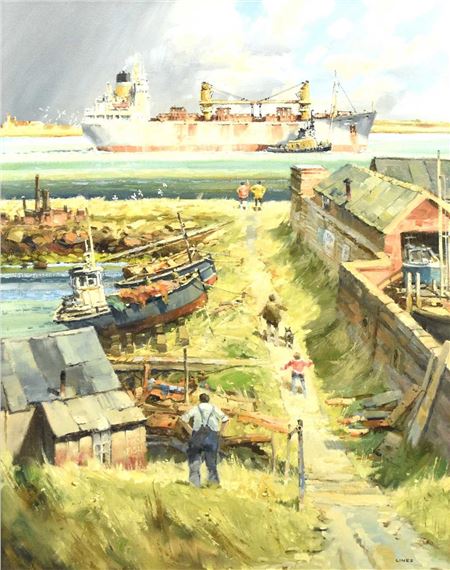 Children watching a container ship at the waters edge by John Lines, 20th Century