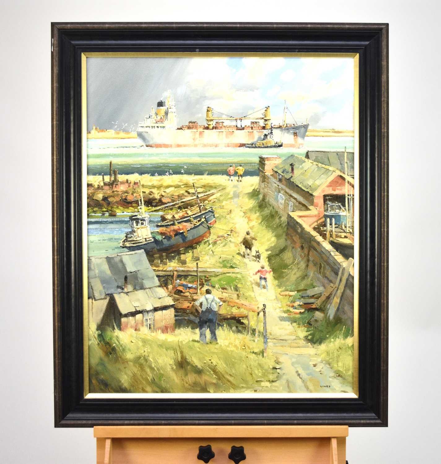 Artwork by John Lines, Children watching a container ship at the waters edge, Made of oil on canvas