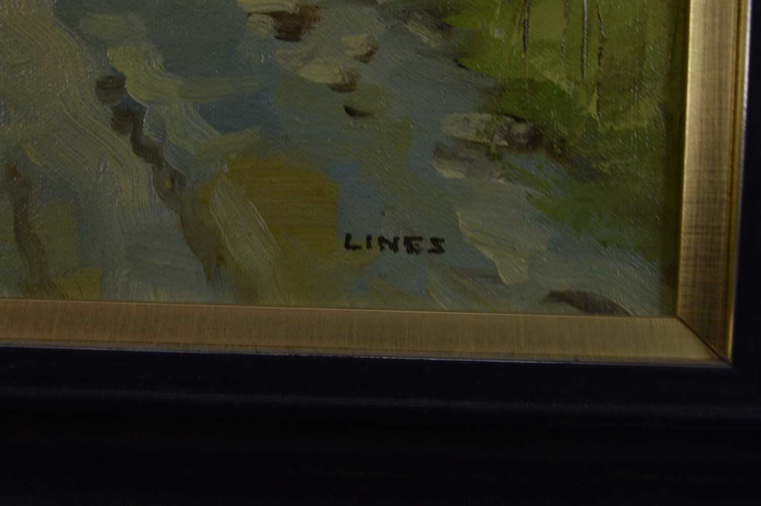 Artwork by John Lines, Children watching a container ship at the waters edge, Made of oil on canvas