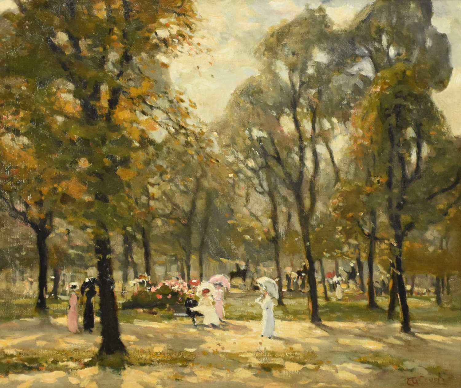 Artwork by Emily Court, Promenading, Rotton Row, Hyde Park, Made of oil on canvas