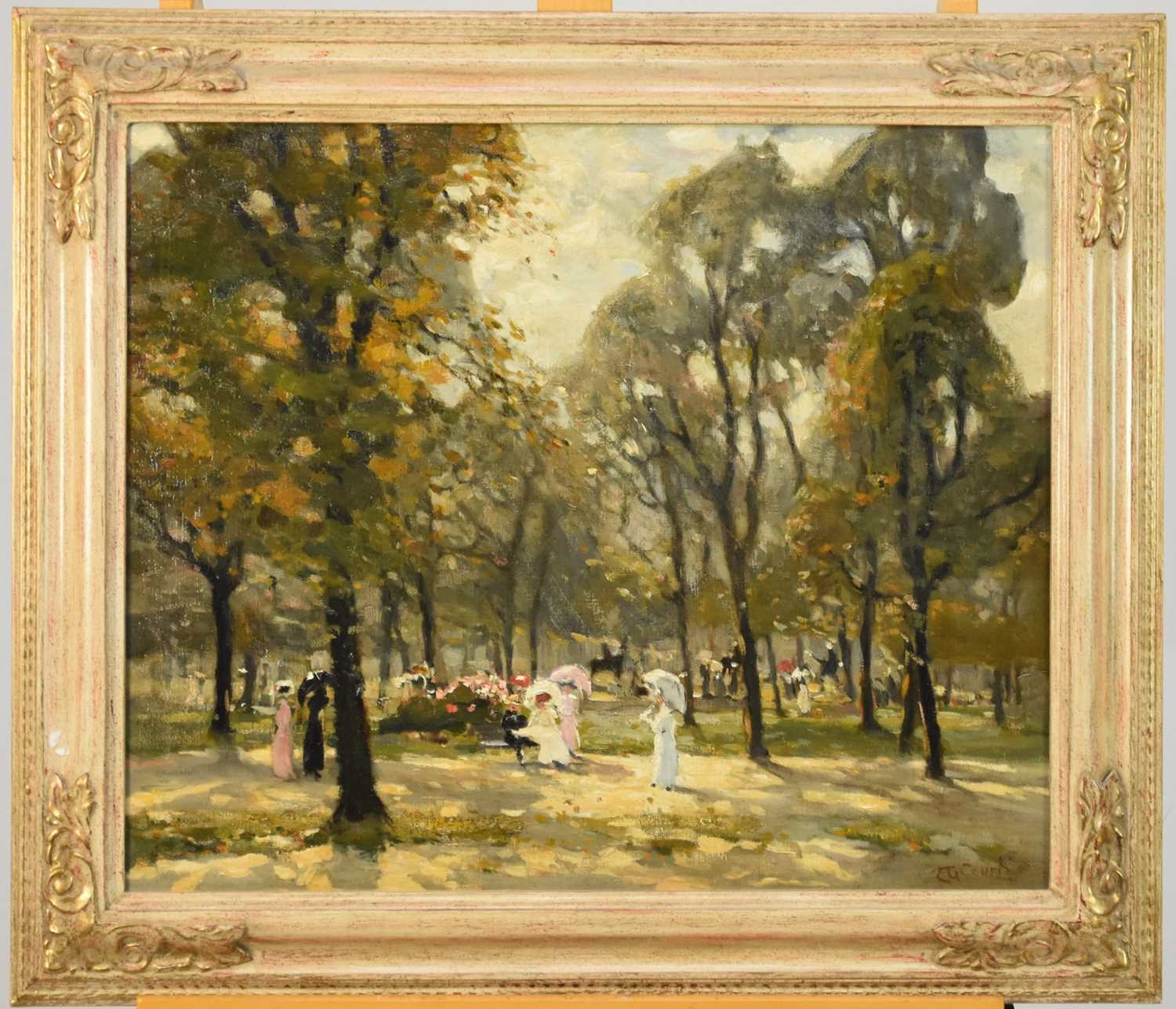 Artwork by Emily Court, Promenading, Rotton Row, Hyde Park, Made of oil on canvas
