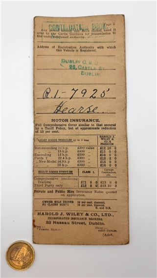 A motor insurance certificate relating to a Mr Martin Murphy, for his hearse vehicle - Martin Murphy