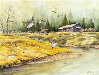 David R. Maloney (1942-2020), Untitled (Ducks Over Cabin - David Maloney
