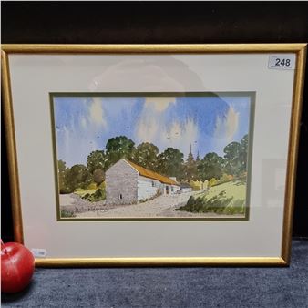 An  of a rural cottage in beautiful lighting by the artist Leslie Rodgers, with a sticker for Braid gallery on verso. Rodgers has some auction history - Leslie Rodgers